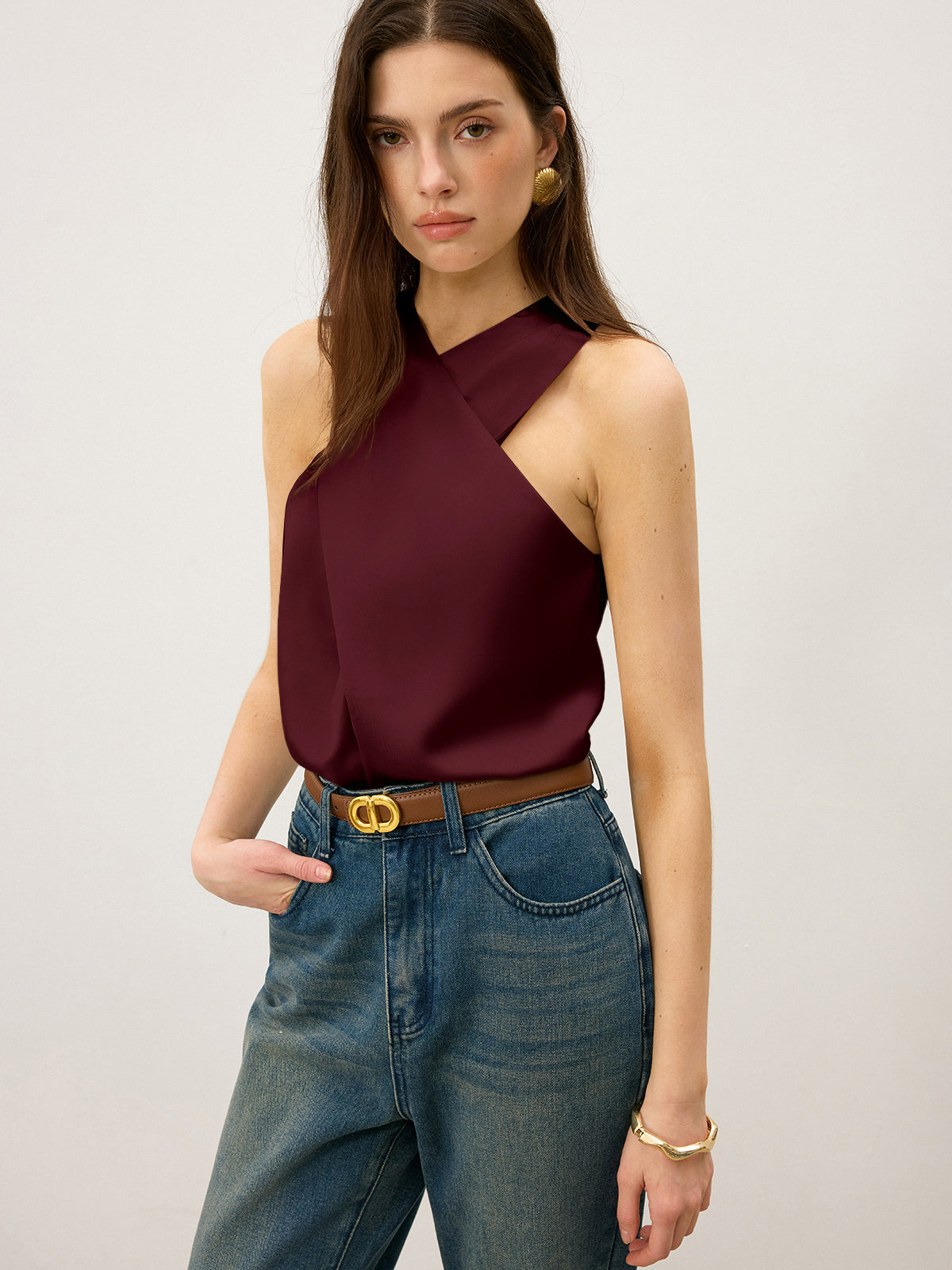Satin Cross-Over Collar Tank Top-Massicos