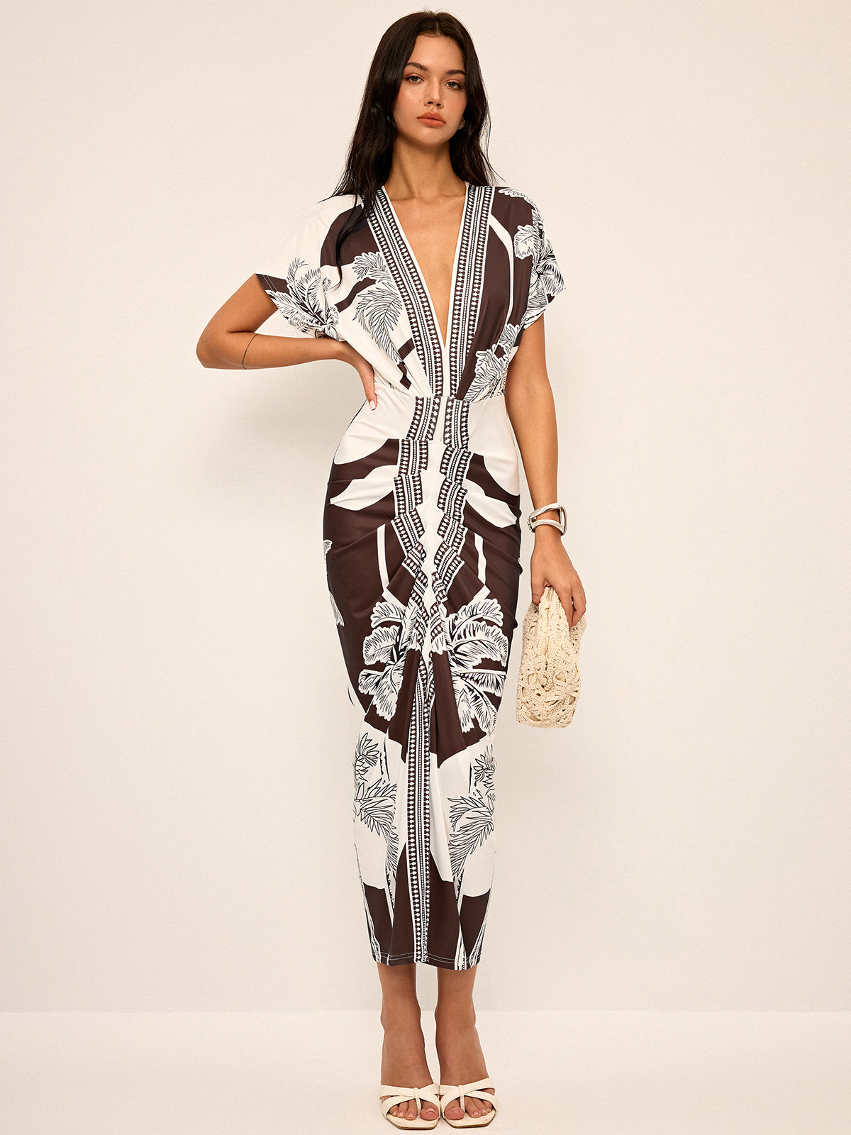 Printed Deep V-Neck Midi Dress Without Belt-Massicos