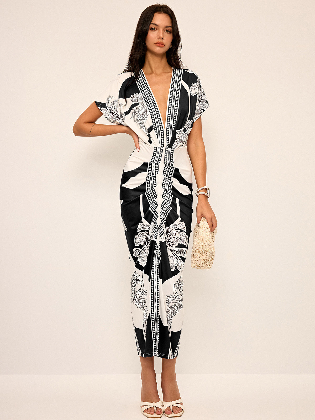Printed Deep V-Neck Midi Dress Without Belt-Massicos