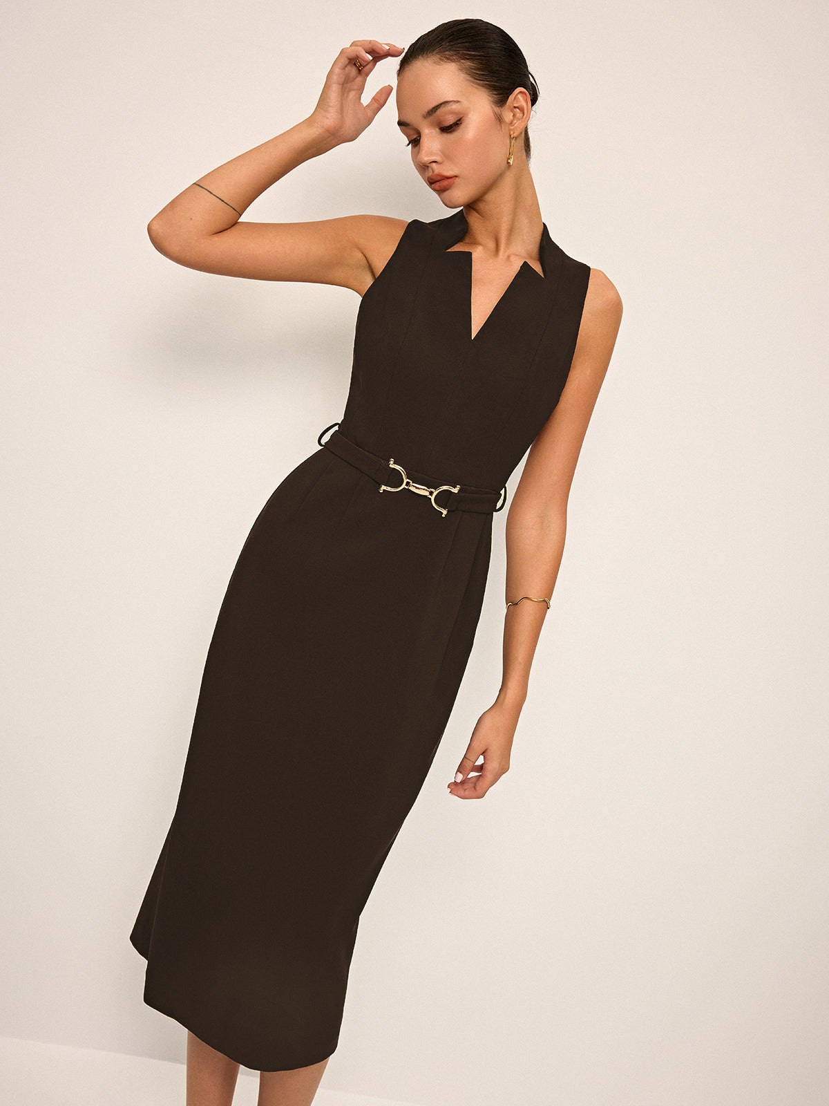 Sleeveless V-Neck Belted Midi Dress-Massicos