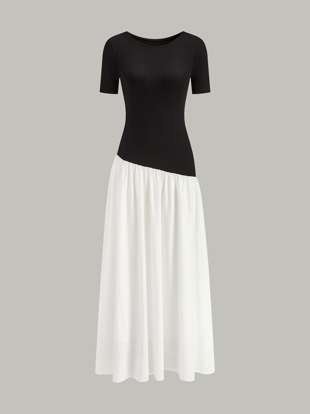 Crew Neck Contrast-Paneled Asymmetric Maxi Dress-Massicos