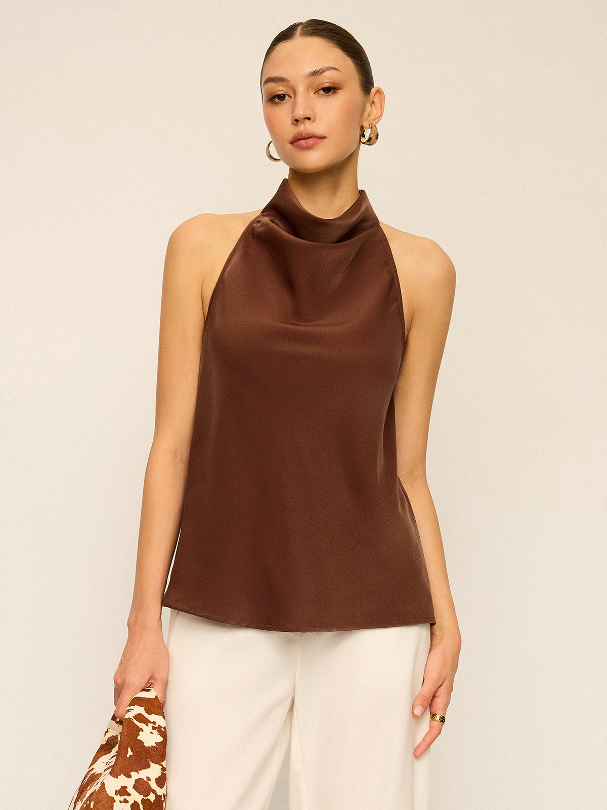 Satin Cowl Neck Halter Backless Top-Massicos