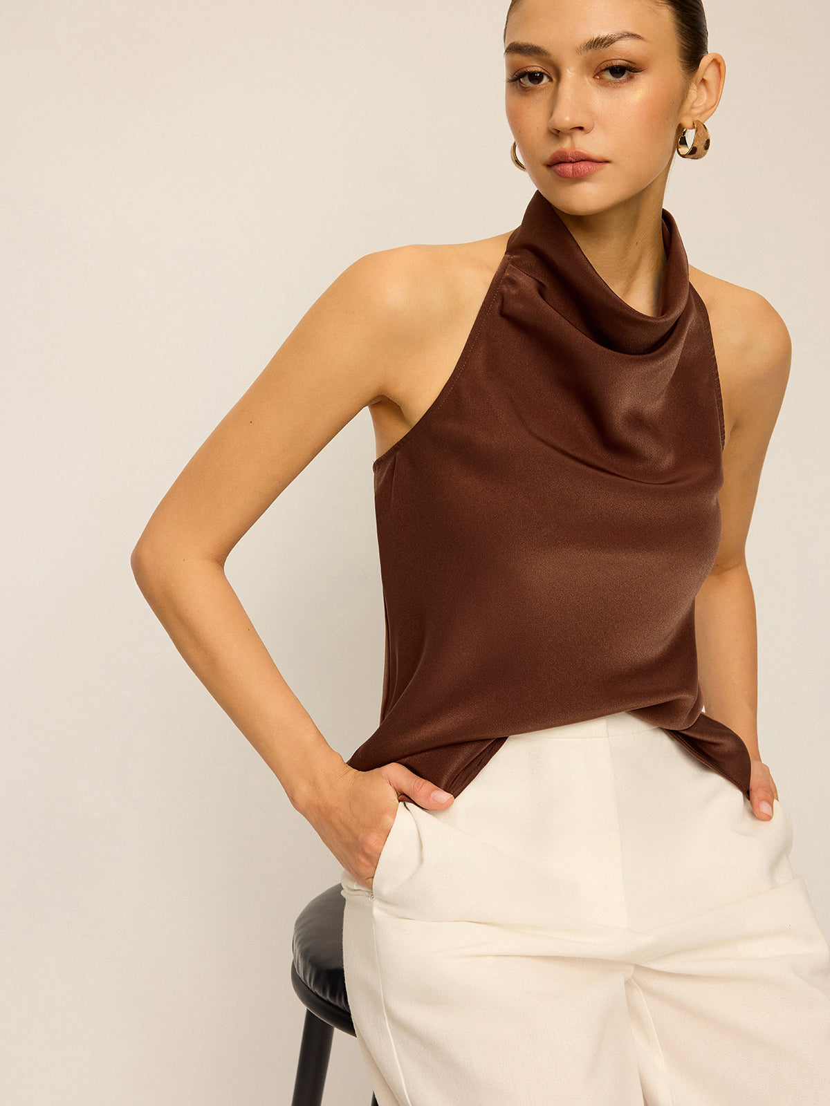 Satin Cowl Neck Halter Backless Top-Massicos