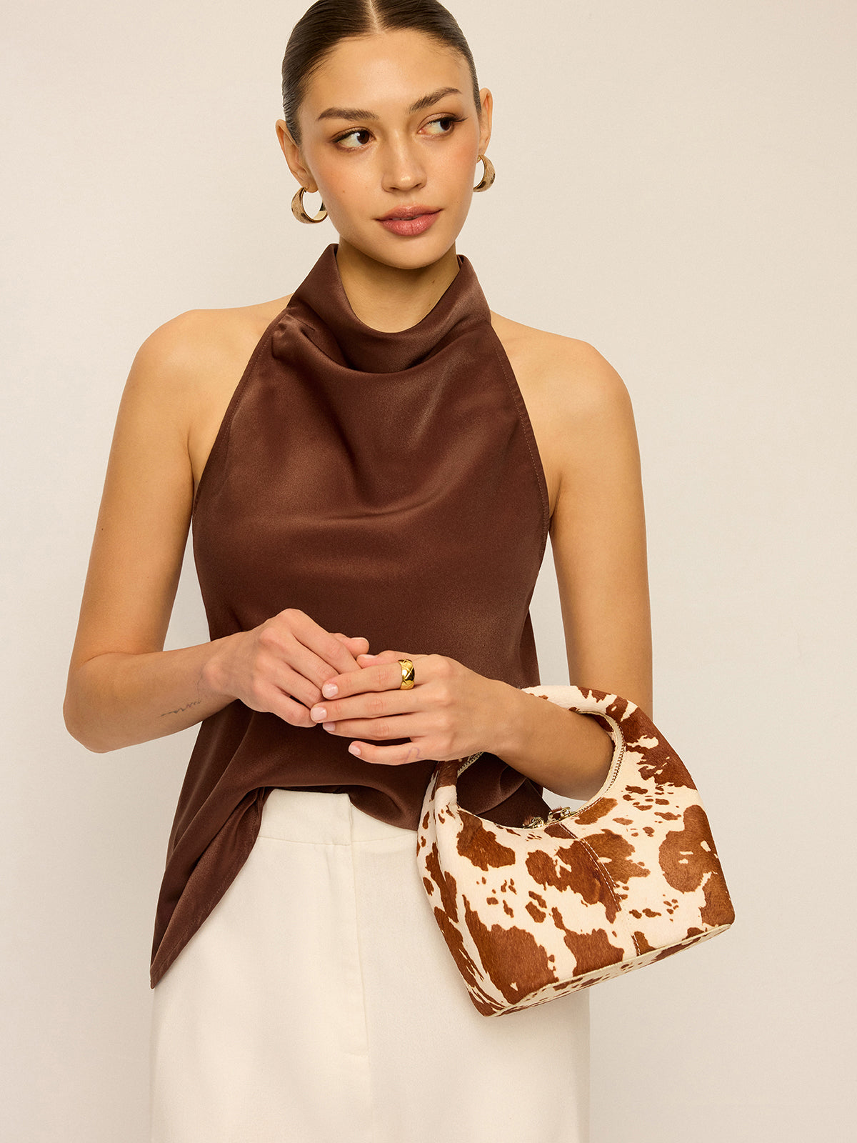 Satin Cowl Neck Halter Backless Top-Massicos