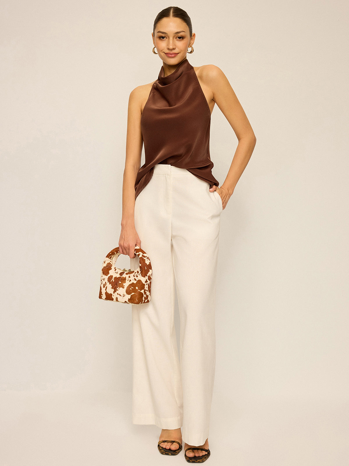 Satin Cowl Neck Halter Backless Top-Massicos
