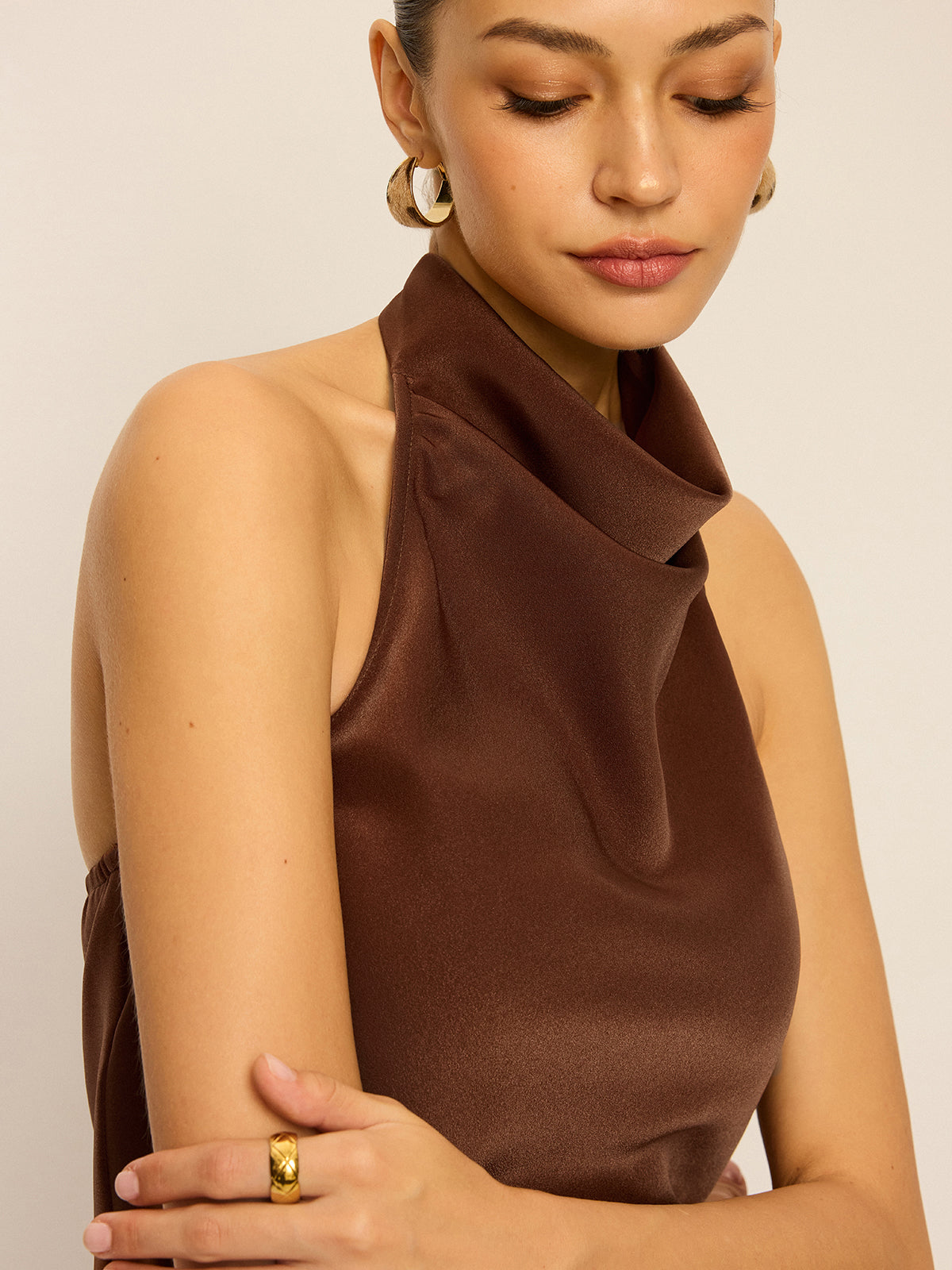 Satin Cowl Neck Halter Backless Top-Massicos