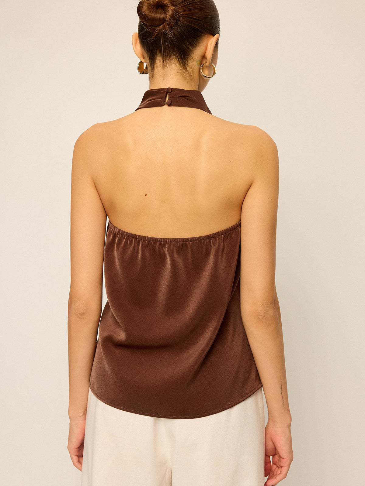 Satin Cowl Neck Halter Backless Top-Massicos
