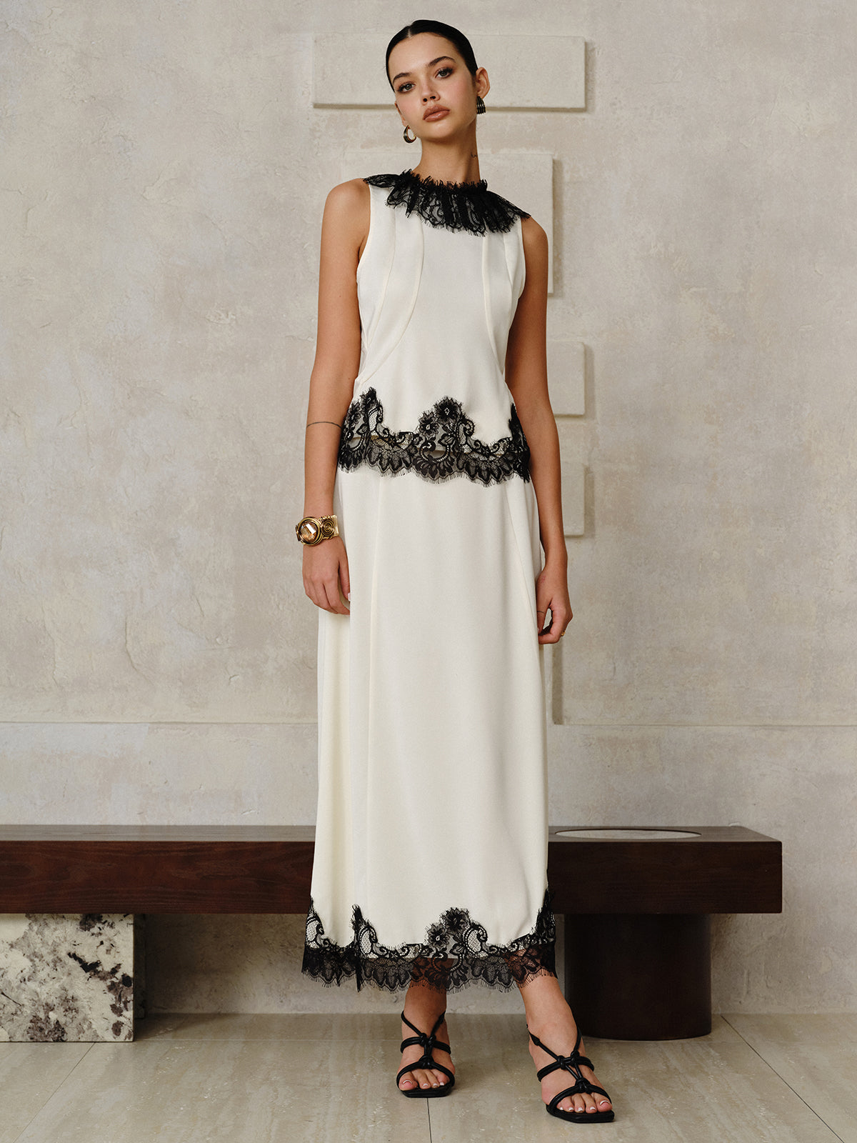 Lace Trim Top and Maxi Skirt Set-Massicos