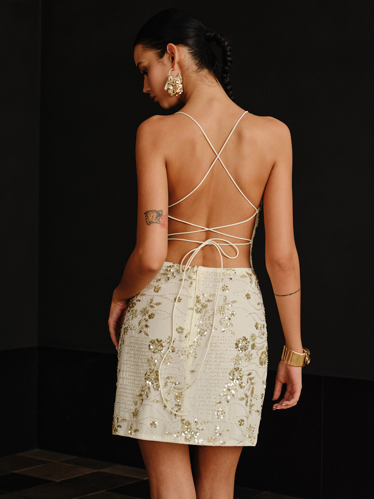Sequin Cami Dress with Crisscross Back Tie-Massicos