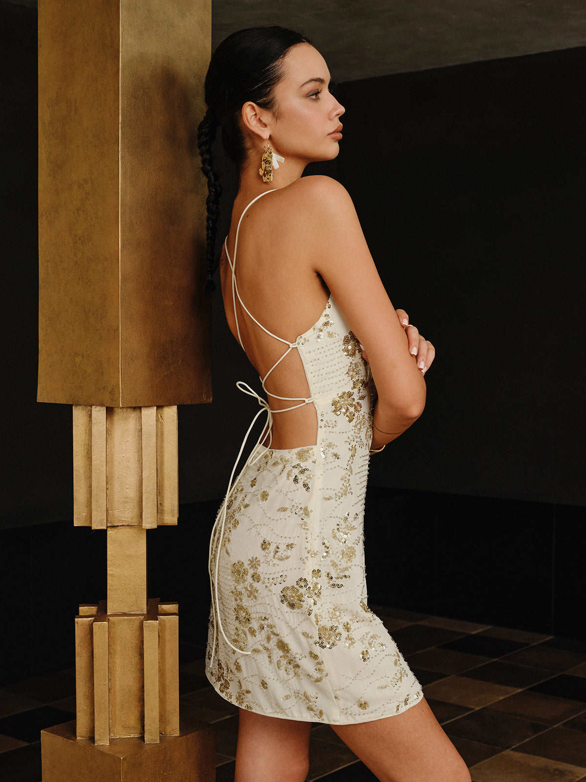 Sequin Cami Dress with Crisscross Back Tie-Massicos
