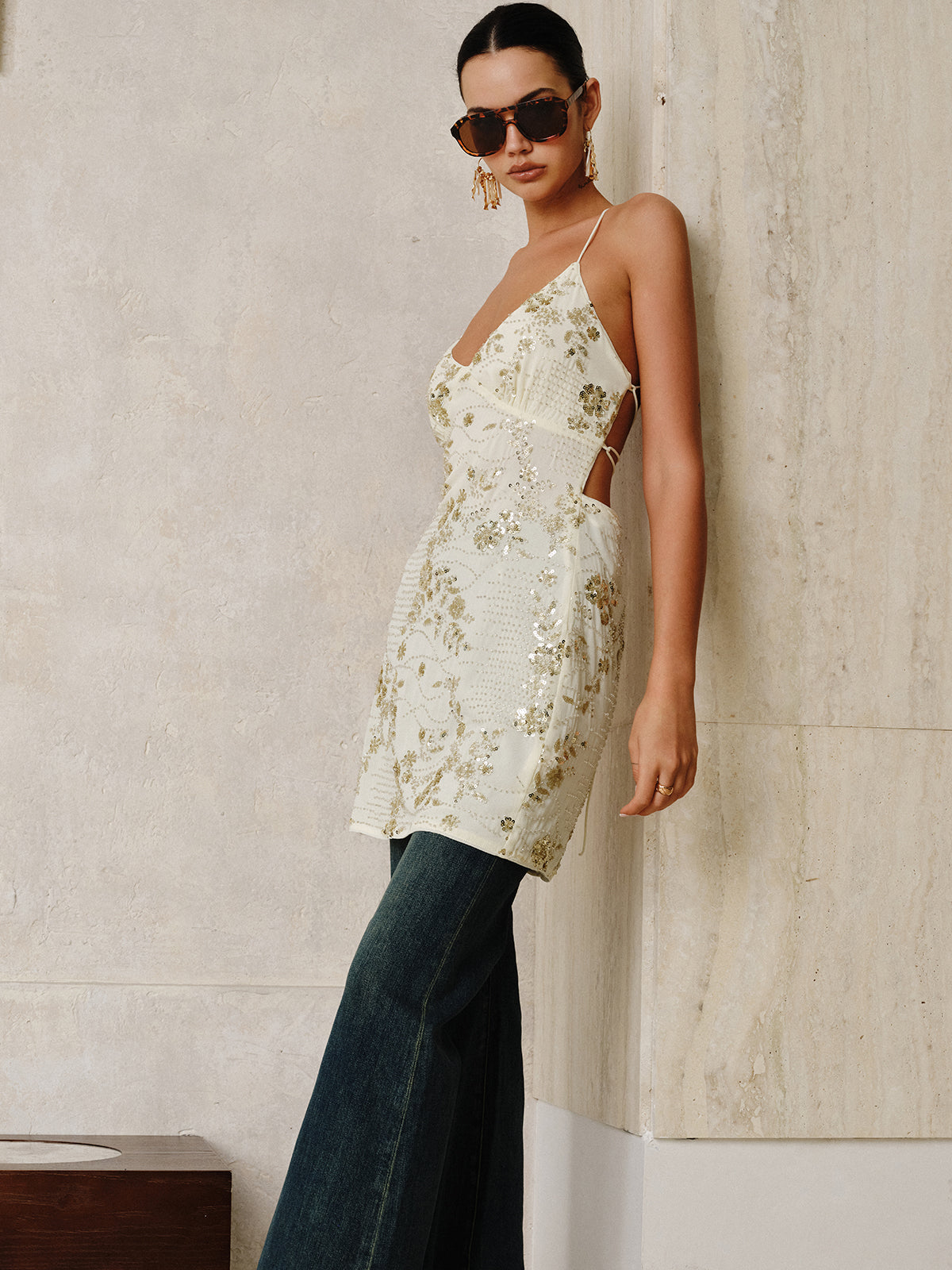 Sequin Cami Dress with Crisscross Back Tie-Massicos