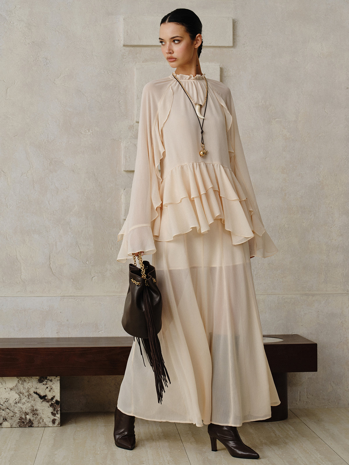 Chiffon Tiered Ruffle Top and Skirt Set-Massicos