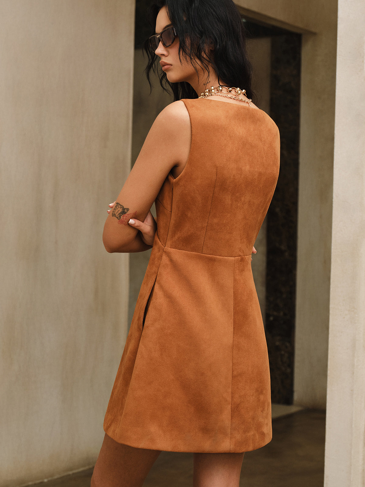 Suede V-Neck Sleeveless Mini Dress-Massicos