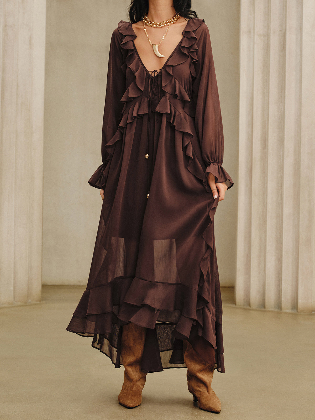 Ruffled Chiffon Maxi Dress Set with Cami Dress Liner-Massicos