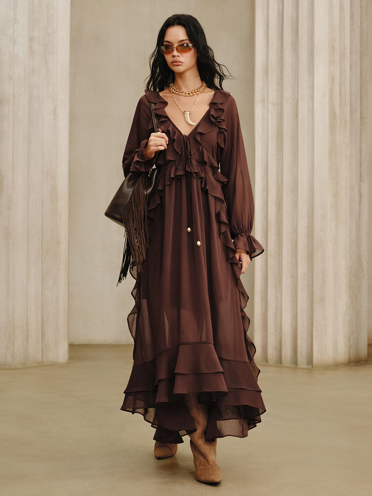 Ruffled Chiffon Maxi Dress Set with Cami Dress Liner-Massicos