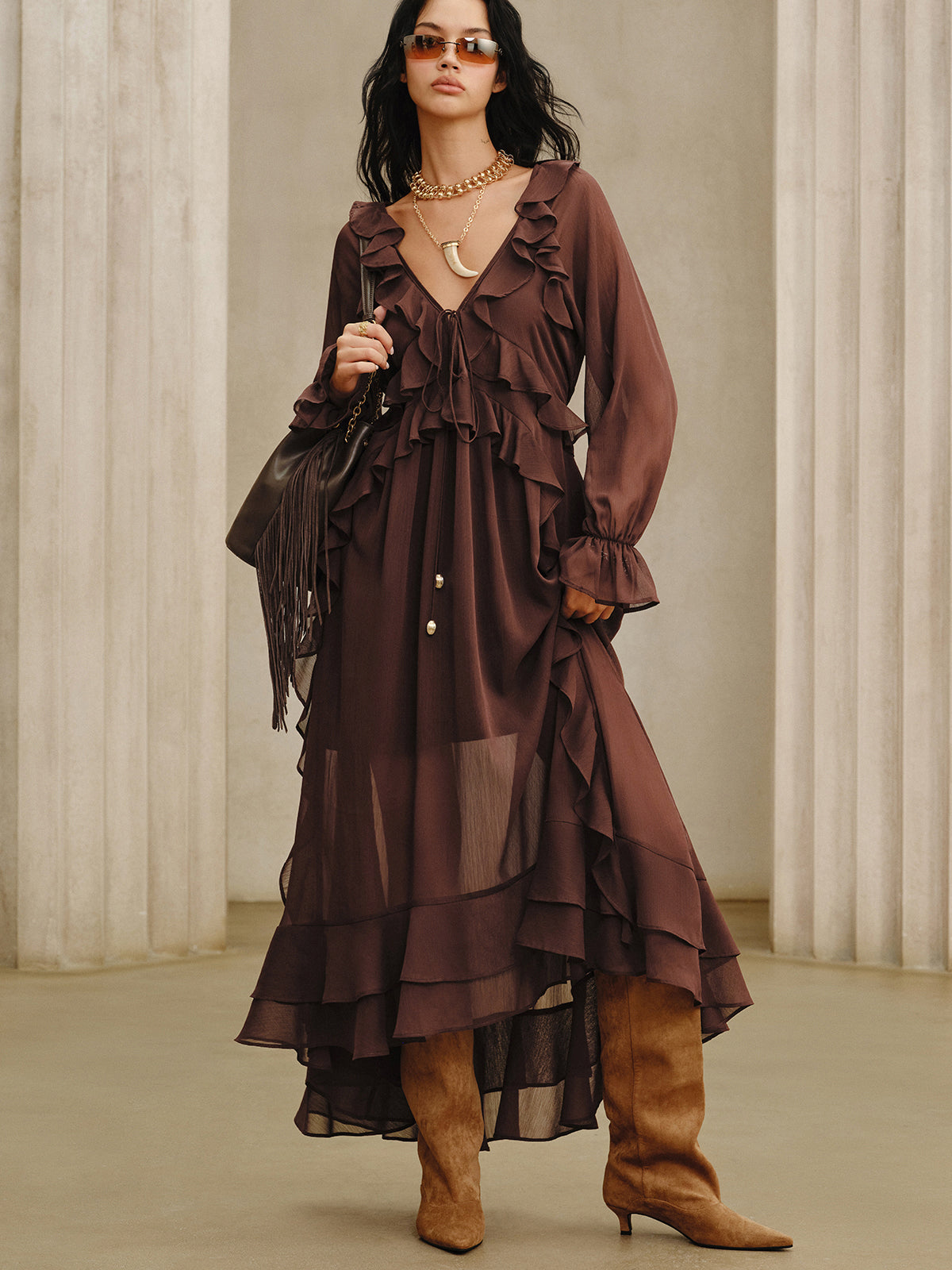 Ruffled Chiffon Maxi Dress Set with Cami Dress Liner-Massicos