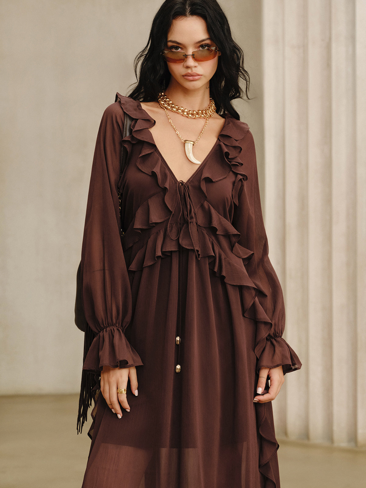 Ruffled Chiffon Maxi Dress Set with Cami Dress Liner-Massicos