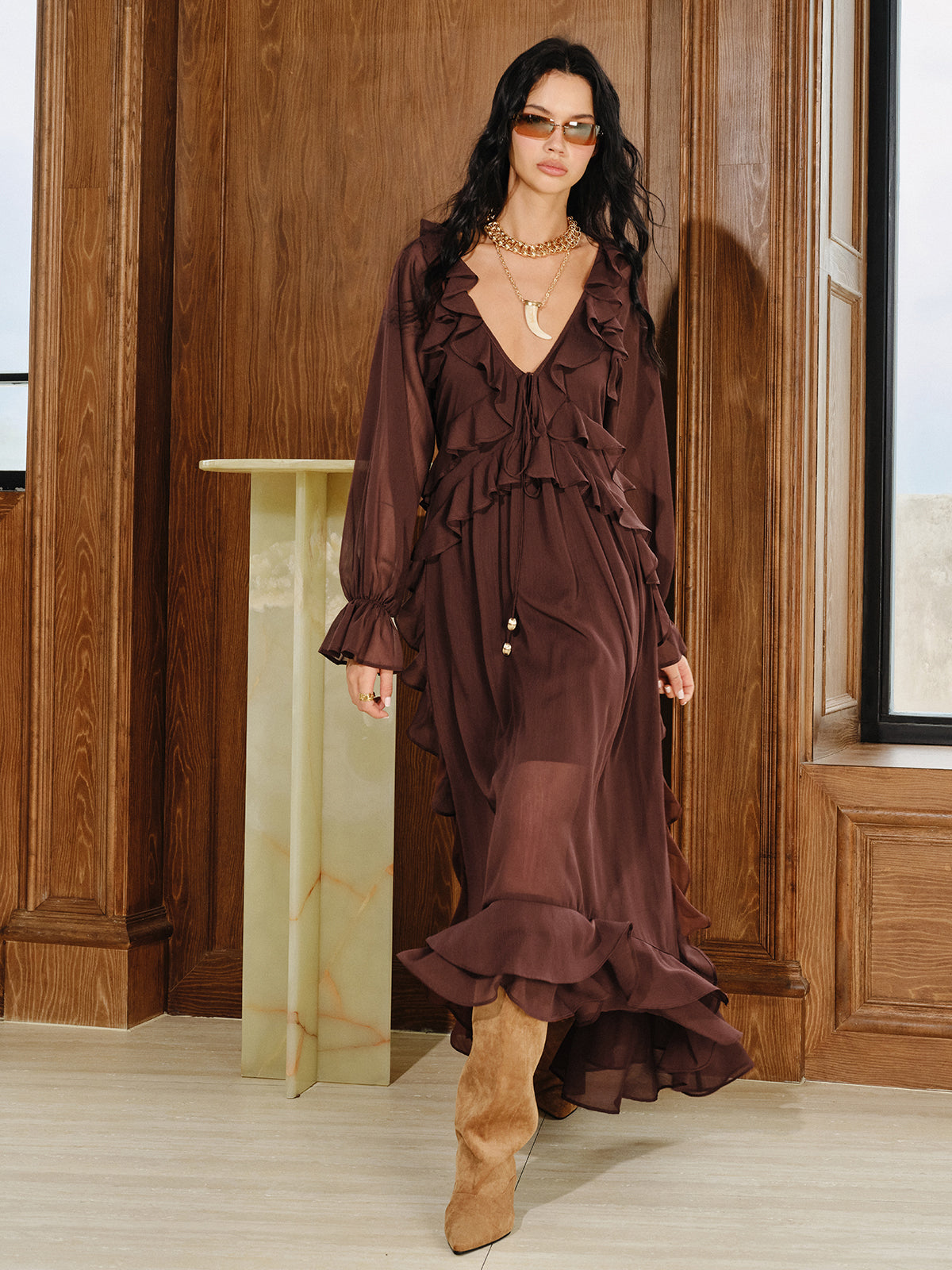 Ruffled Chiffon Maxi Dress Set with Cami Dress Liner-Massicos