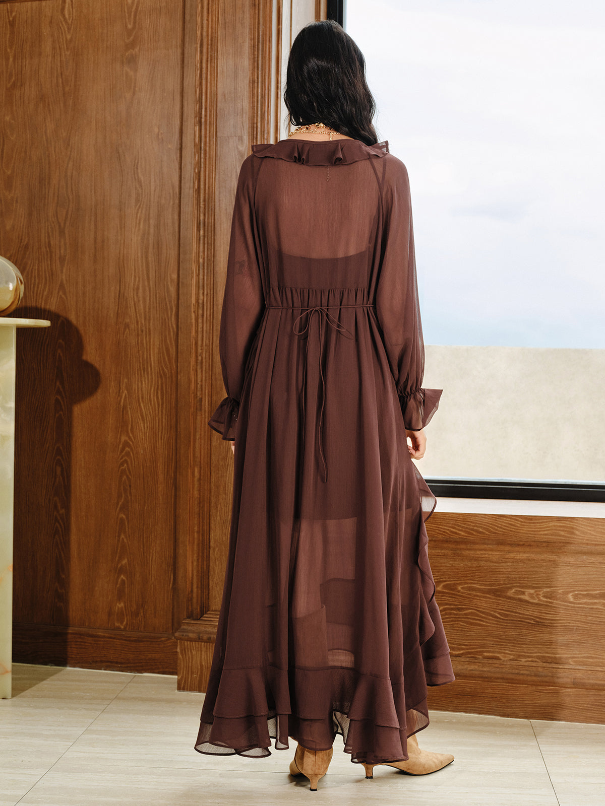 Ruffled Chiffon Maxi Dress Set with Cami Dress Liner-Massicos