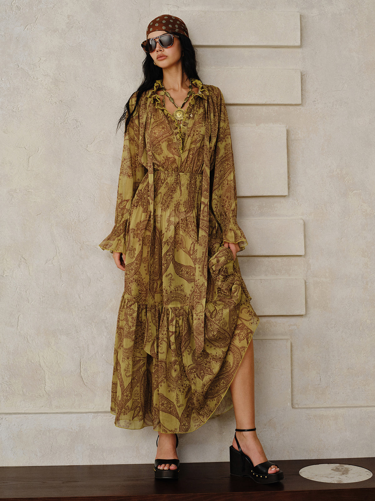 Boho Print Chiffon Maxi Dress Set with Liner-Massicos