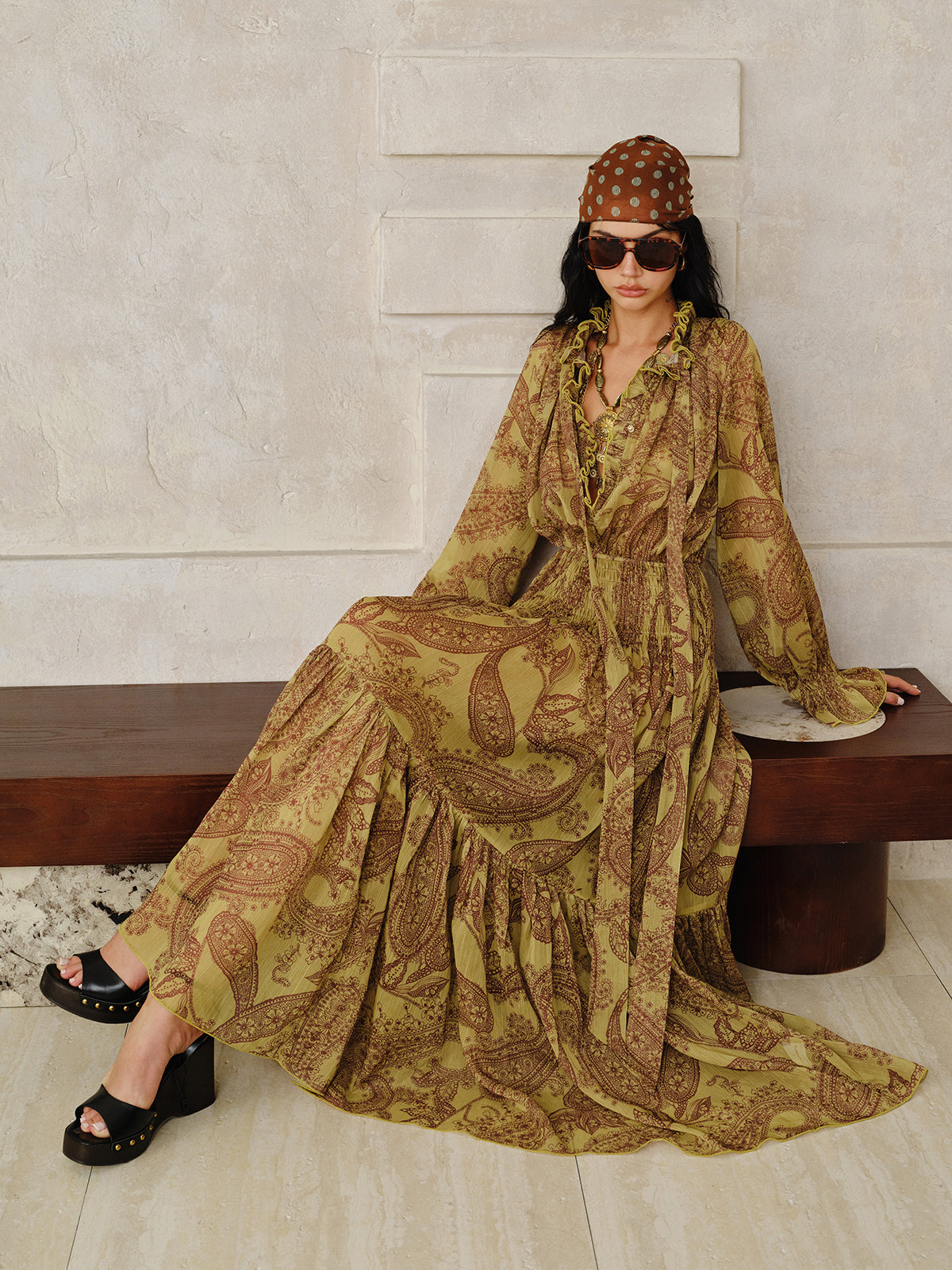 Boho Print Chiffon Maxi Dress Set with Liner-Massicos