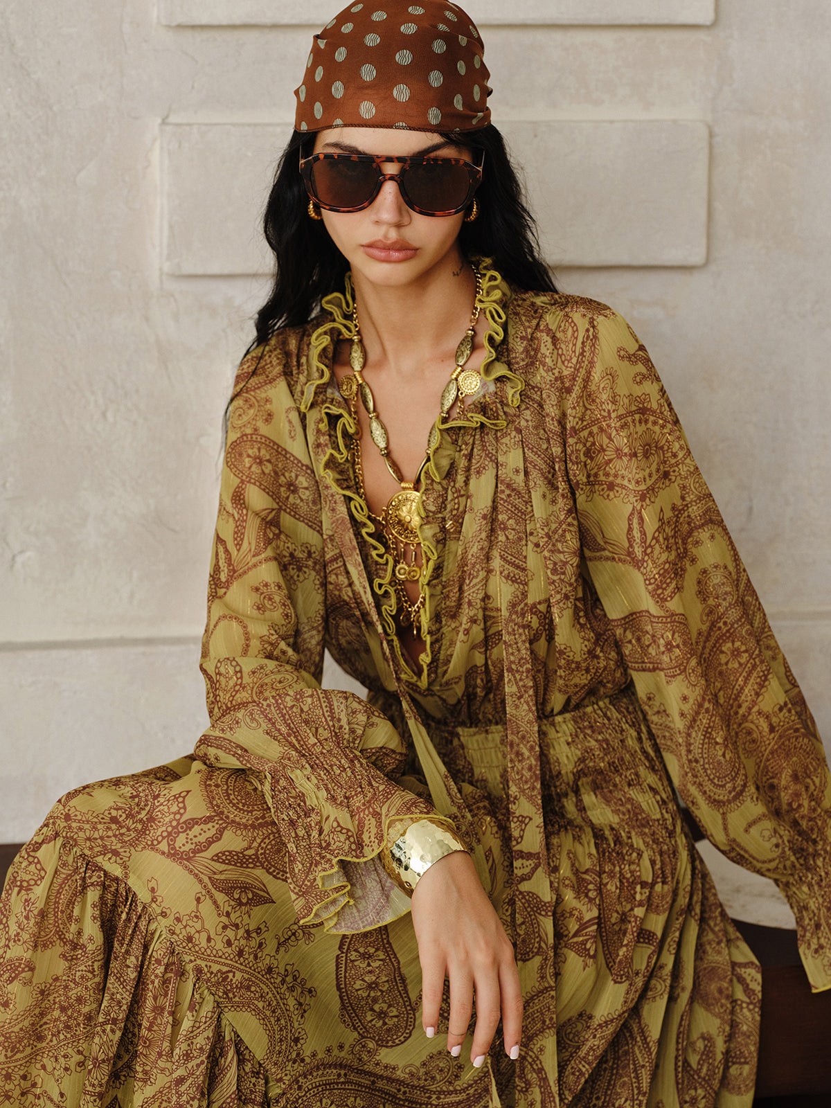 Boho Print Chiffon Maxi Dress Set with Liner-Massicos