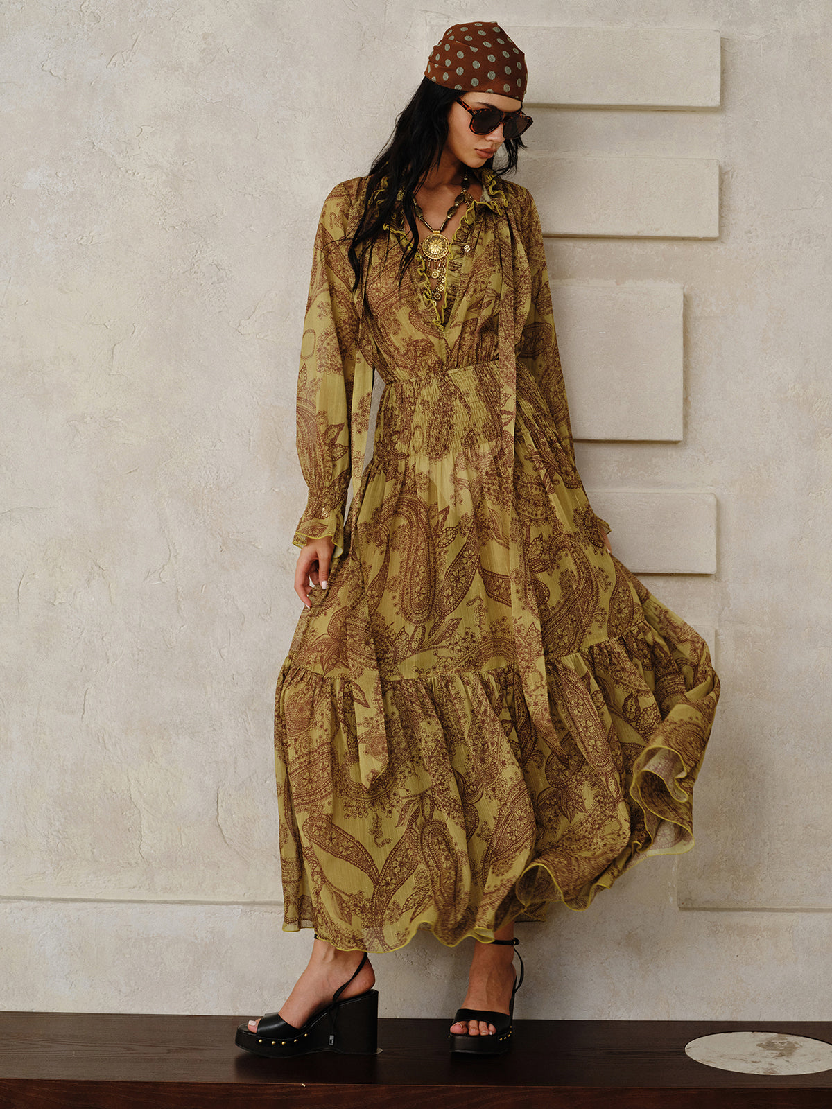 Boho Print Chiffon Maxi Dress Set with Liner-Massicos