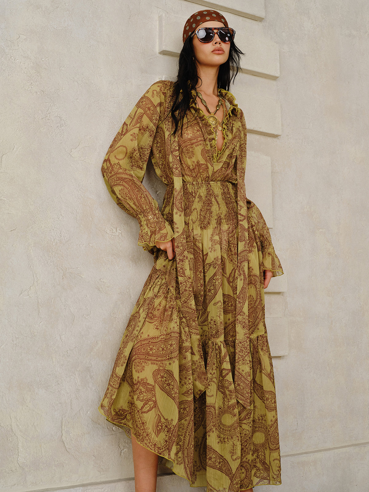 Boho Print Chiffon Maxi Dress Set with Liner-Massicos