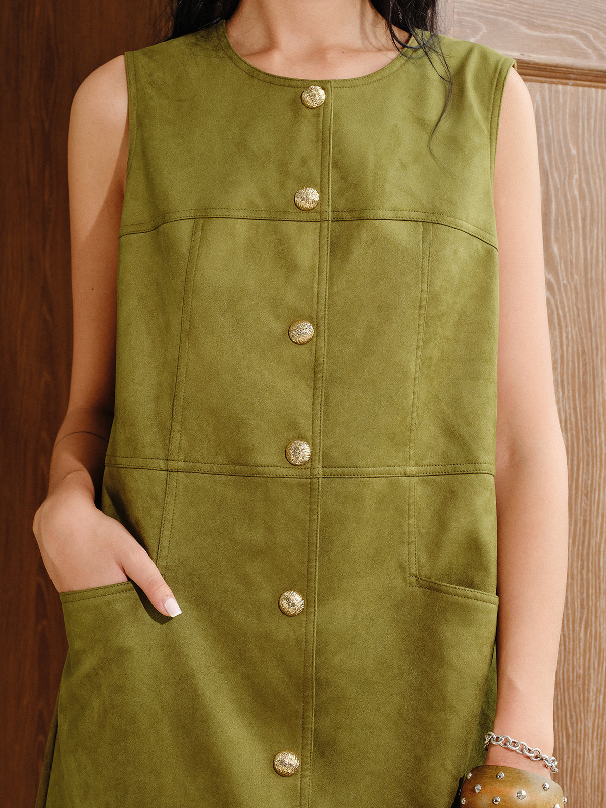 Suede Metal Button Mini Dress-Massicos