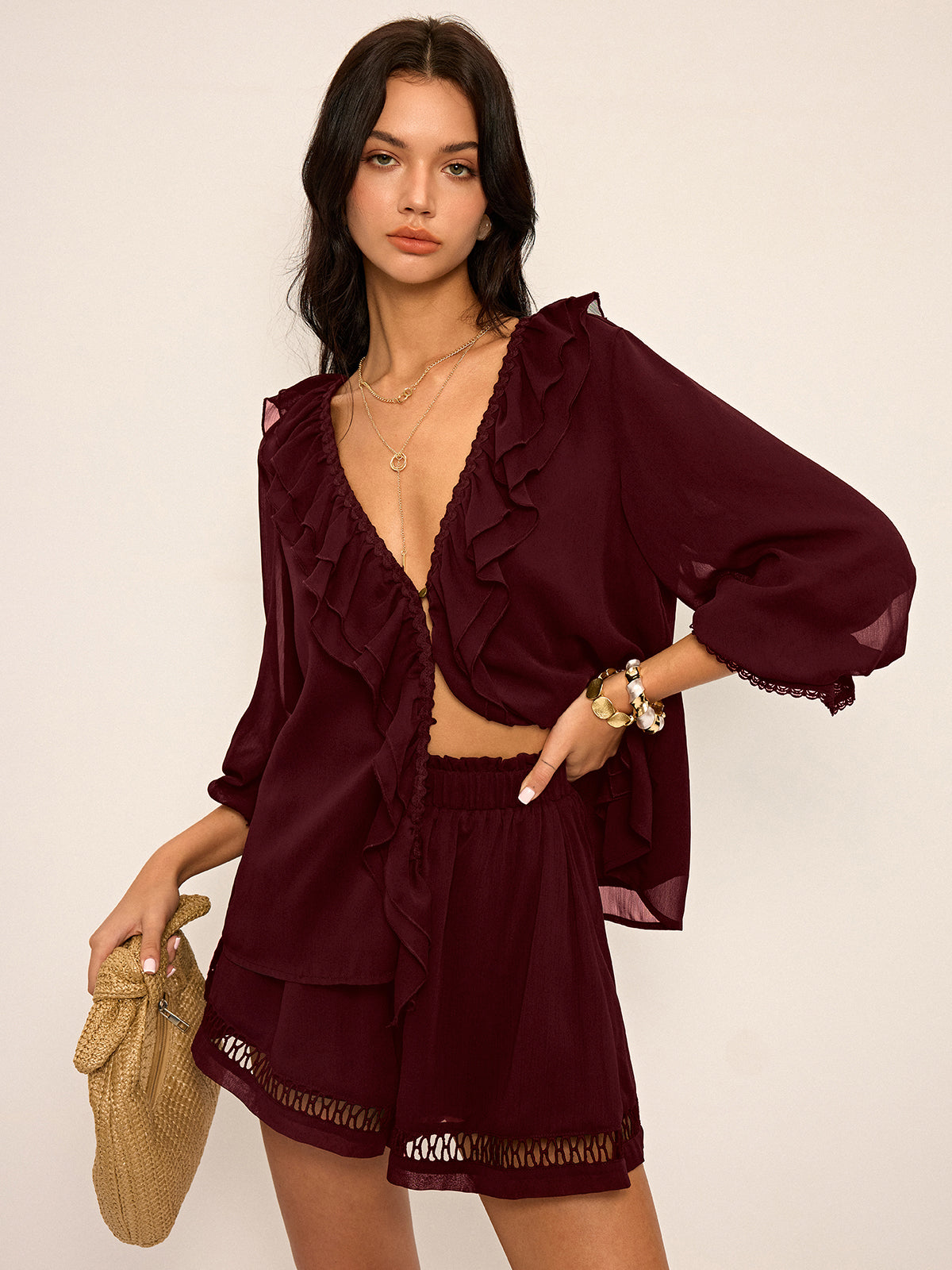 Ruffled Button Chiffon Top and Shorts Set-Massicos