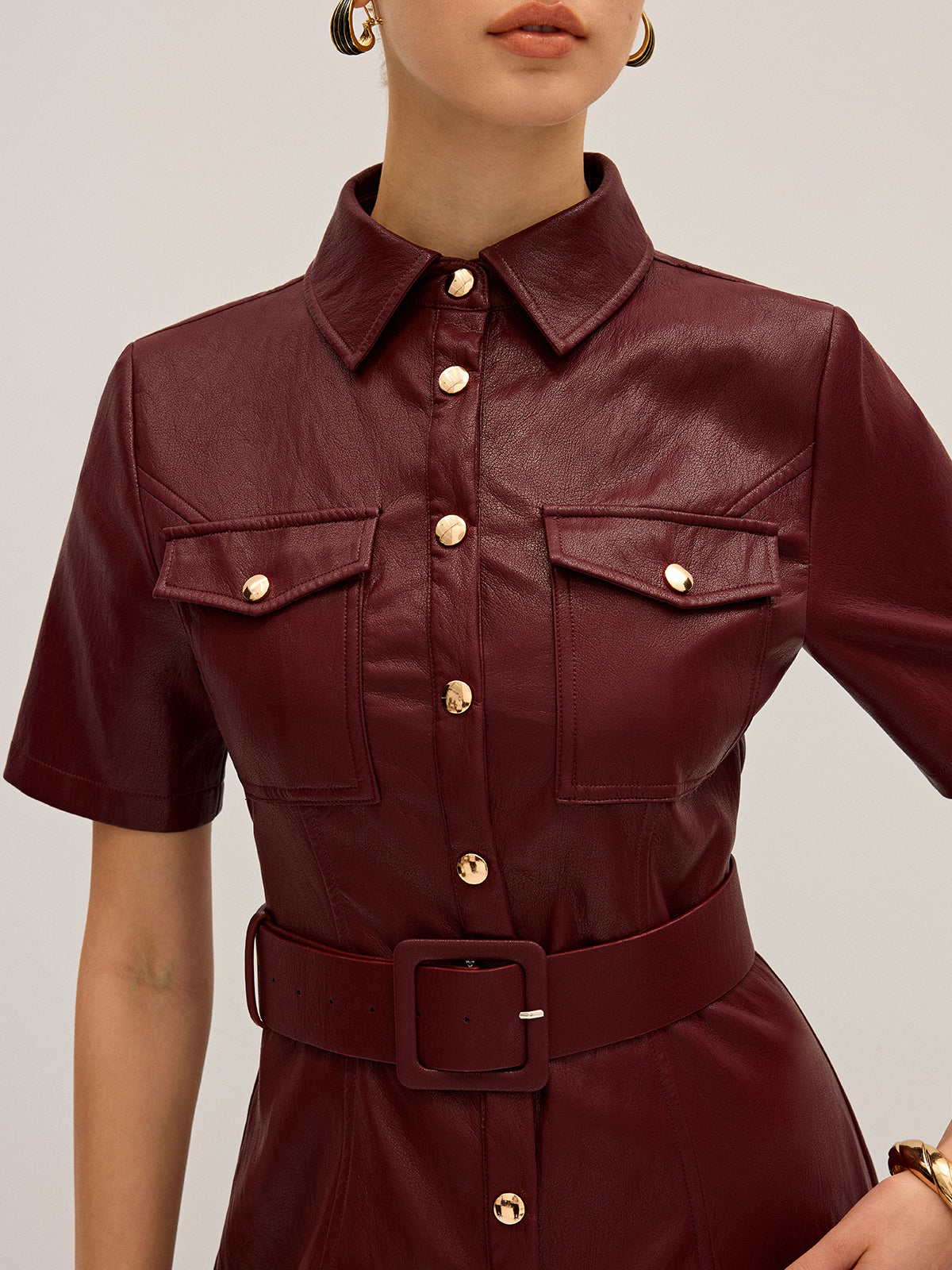 Shirt Collar Belted PU Leather Mini Dress-Massicos