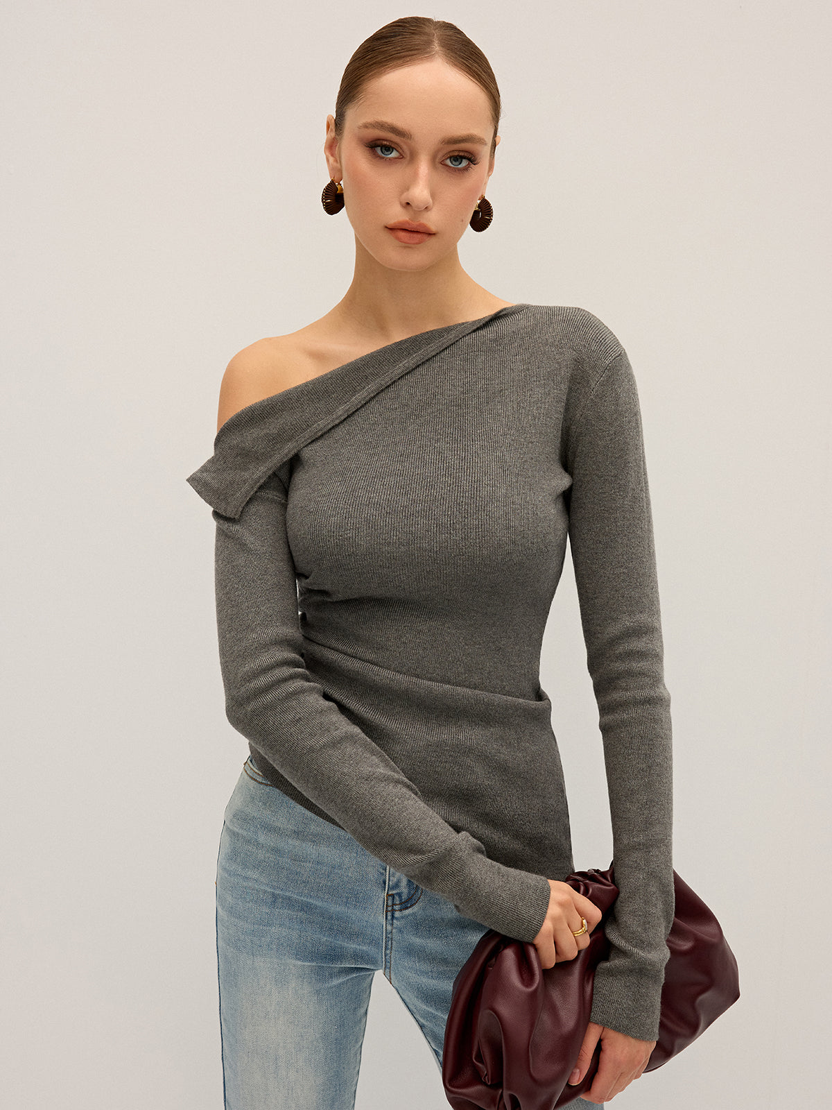 One Shoulder Ribbed Knit Top-Massicos