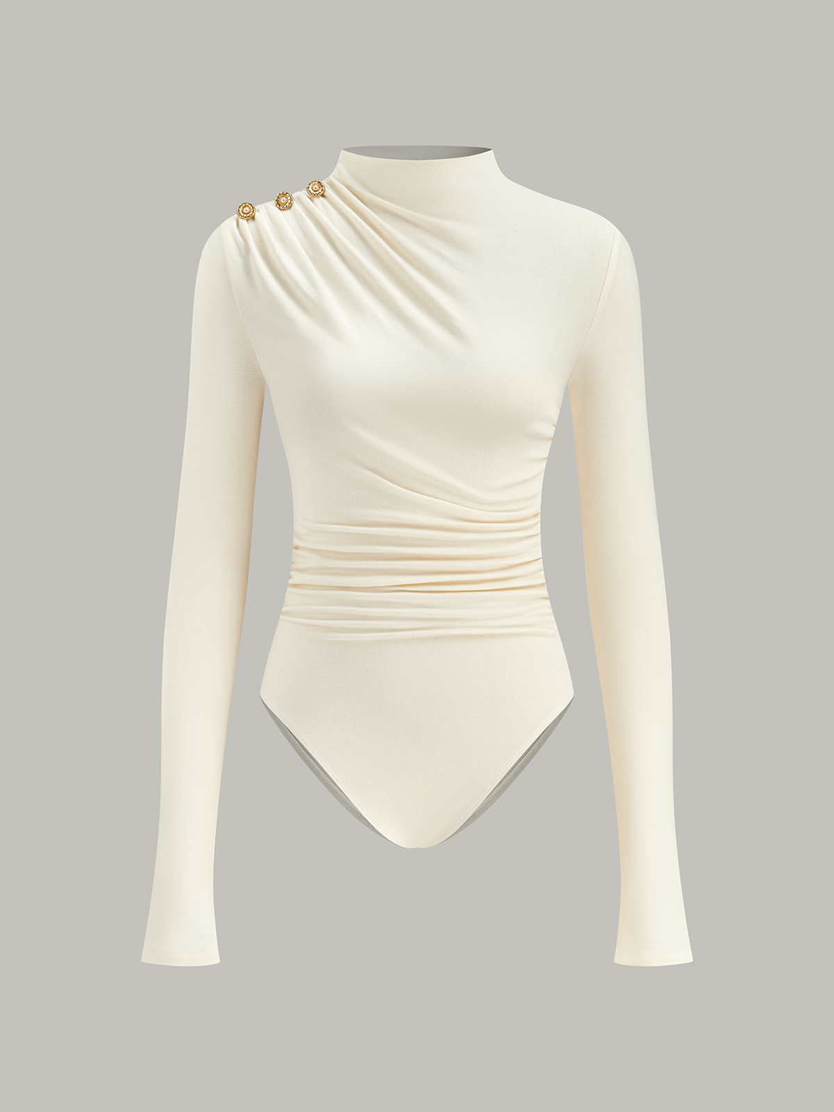 Ruched Shoulder-Decor Long Sleeve Bodysuit-Massicos