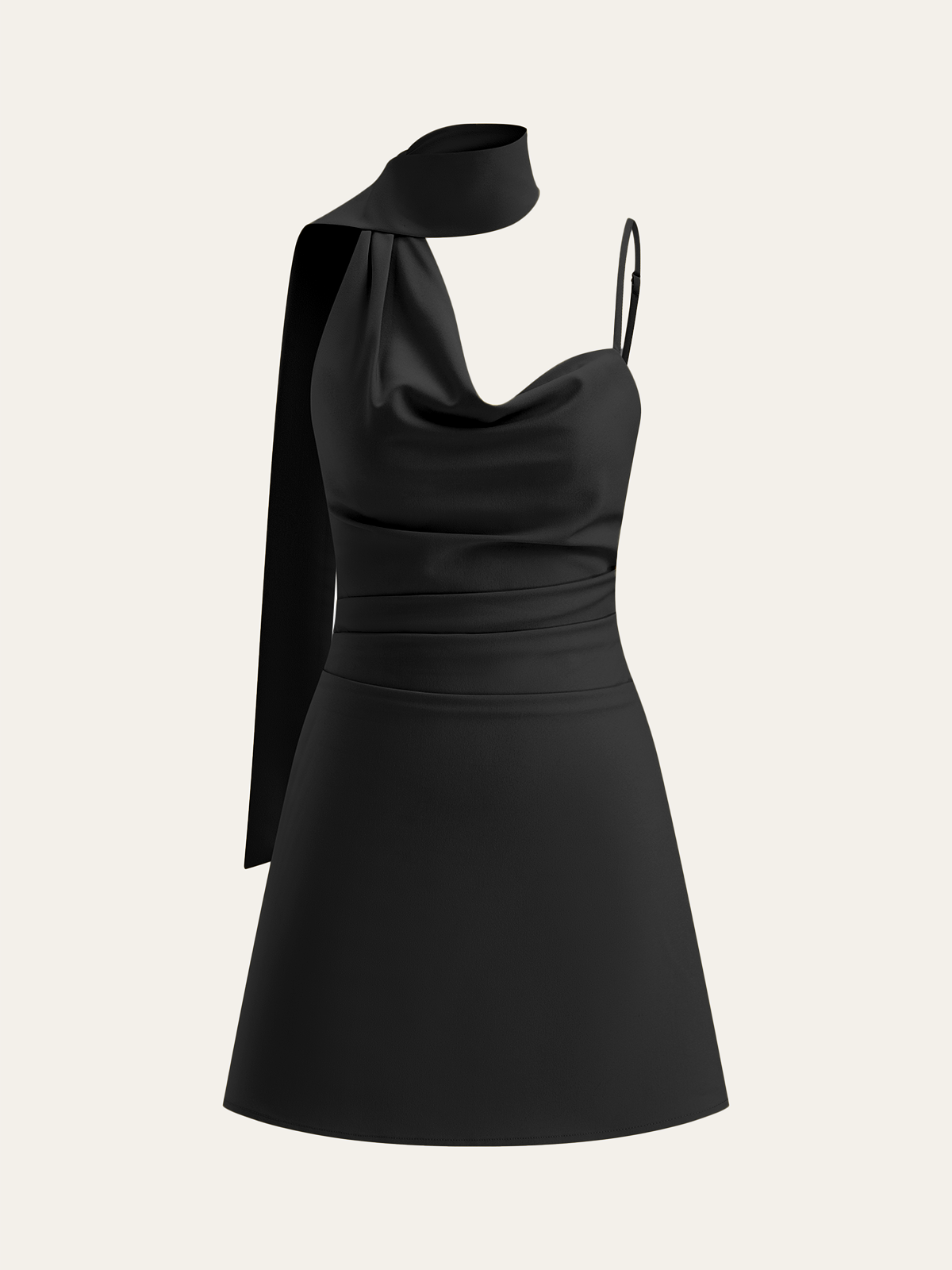 Cowl Neck Mini Dress with Asymmetric Sash Detail-Massicos