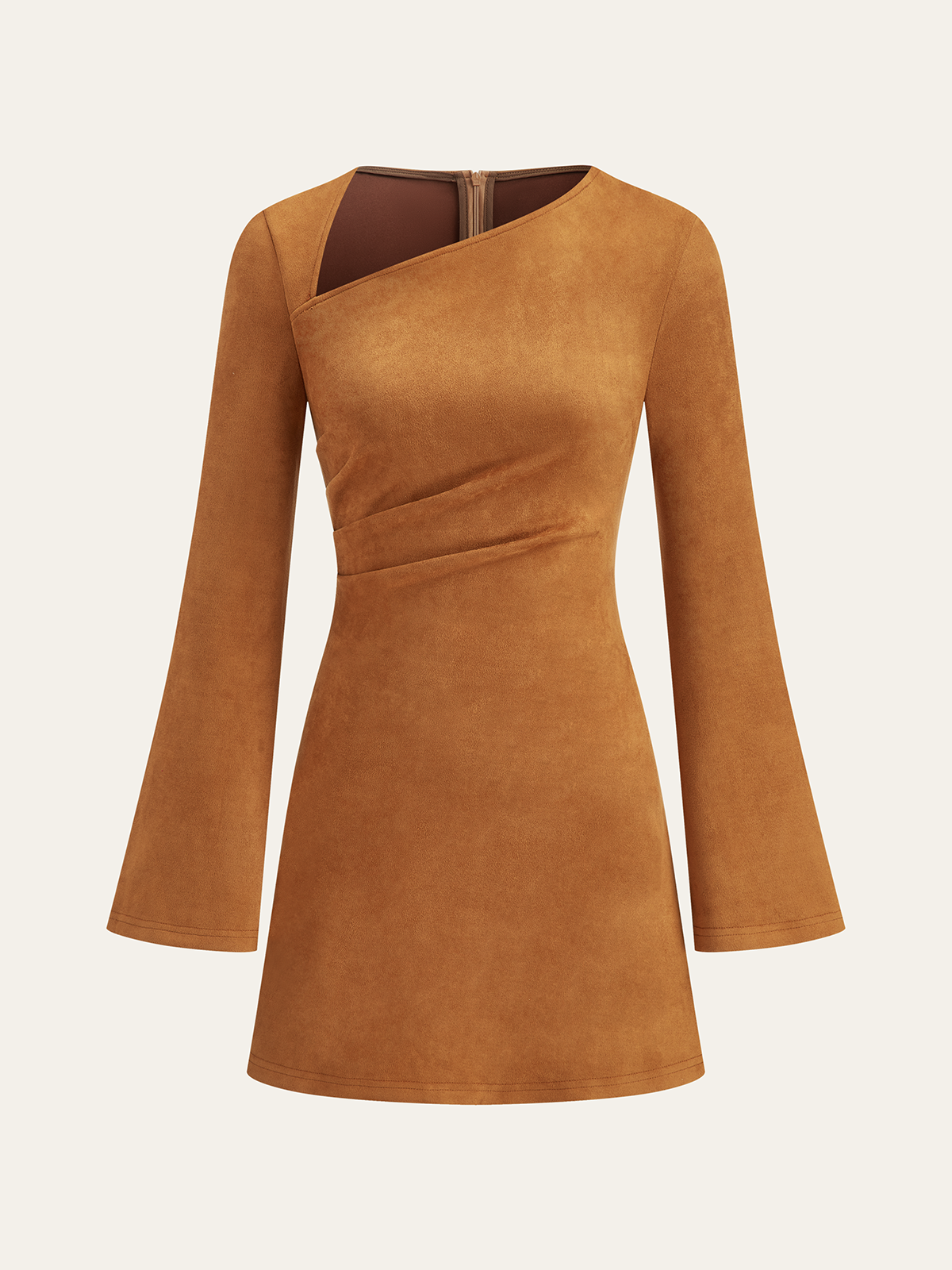 Asymmetrical Ruched Long Sleeve Suede Mini Dress-Massicos