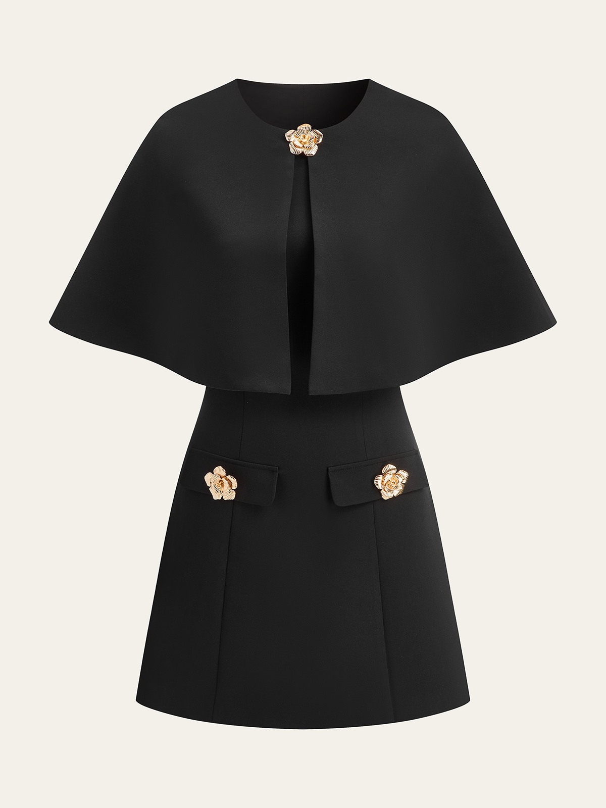 Detachable Cape Metal Floral Detail Dress Set-Massicos