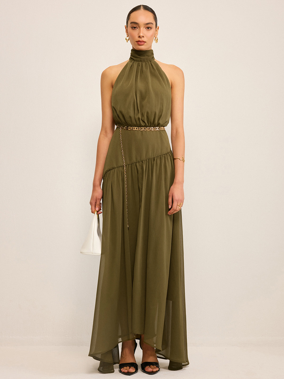 Semi-Sheer Halter Neck Chiffon Maxi Dress with Back Bow-Massicos