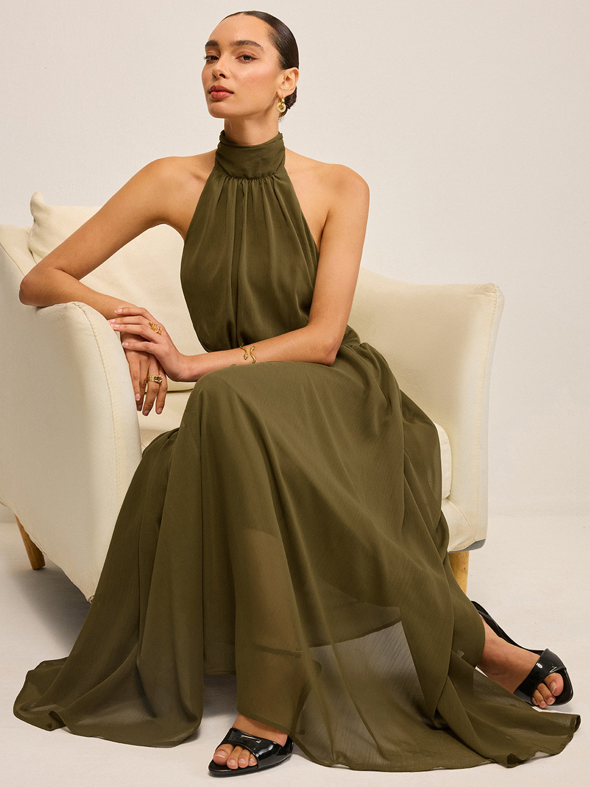 Semi-Sheer Halter Neck Chiffon Maxi Dress with Back Bow-Massicos