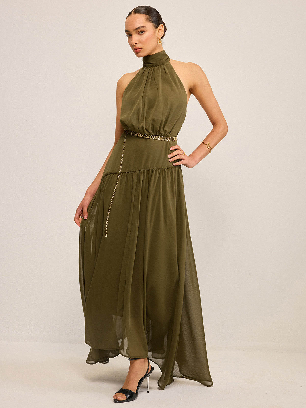 Semi-Sheer Halter Neck Chiffon Maxi Dress with Back Bow-Massicos