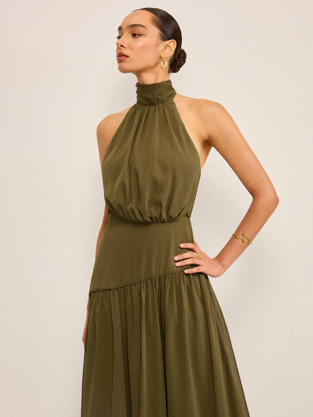 Semi-Sheer Halter Neck Chiffon Maxi Dress with Back Bow-Massicos
