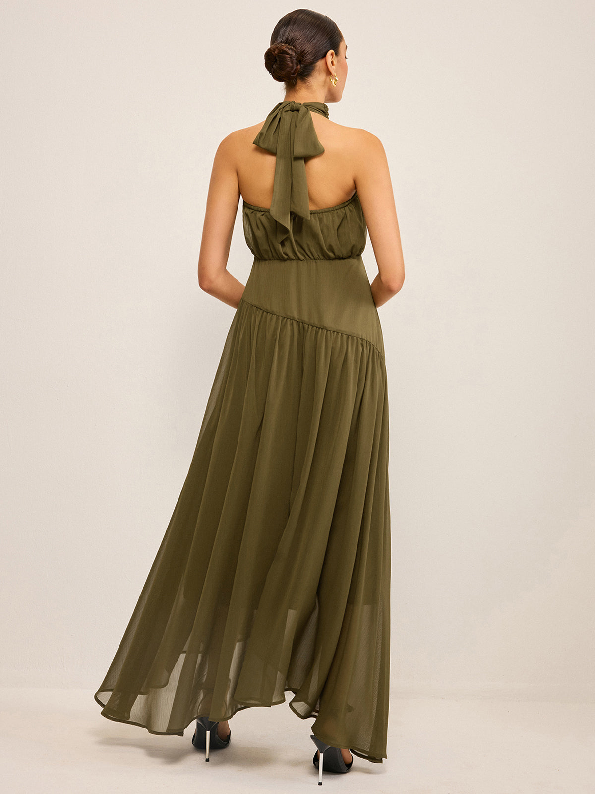 Semi-Sheer Halter Neck Chiffon Maxi Dress with Back Bow-Massicos