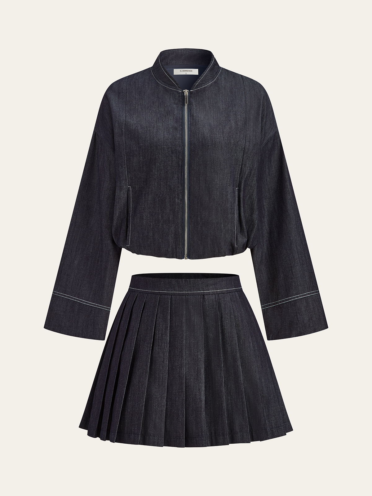Zip Front Jacket and Pleated Mini Skirt Set-Massicos