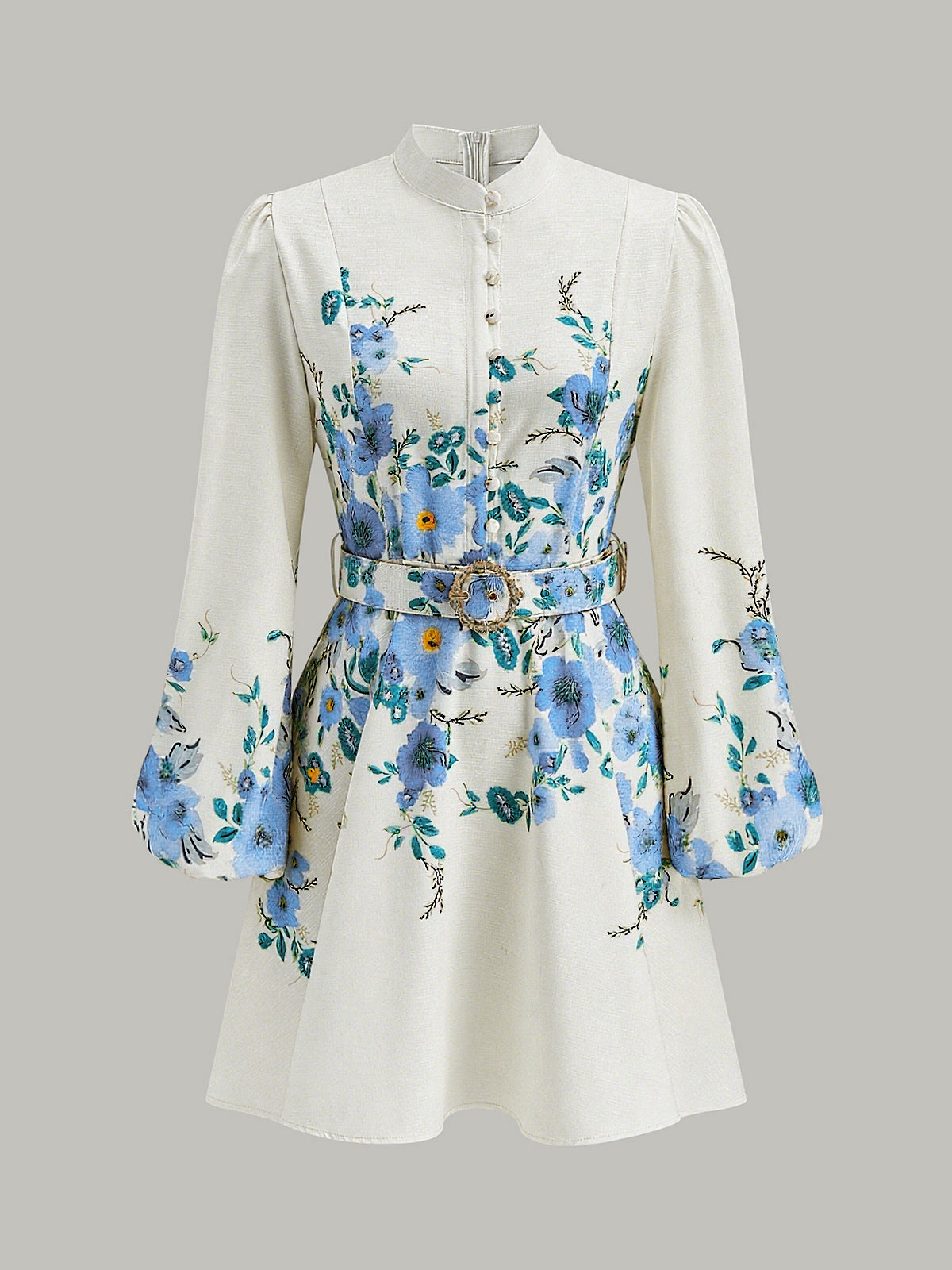 Floral Print Button Detail Dress With Belt-Massicos