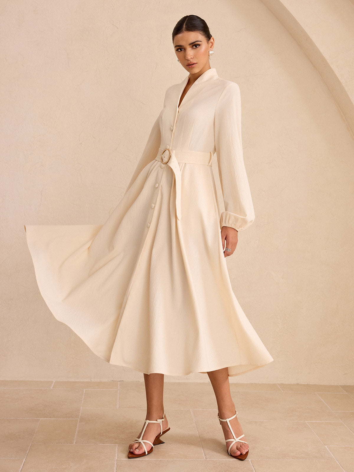 Belted Button-Front Long-Sleeve Midi Dress-Massicos