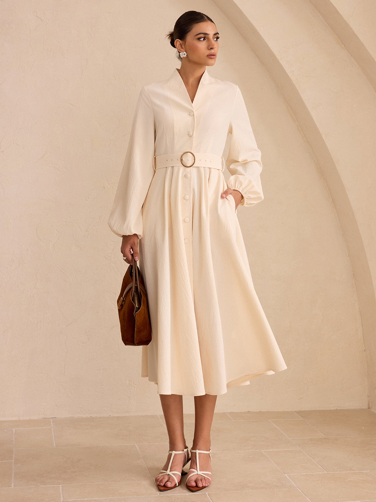 Belted Button-Front Long-Sleeve Midi Dress-Massicos