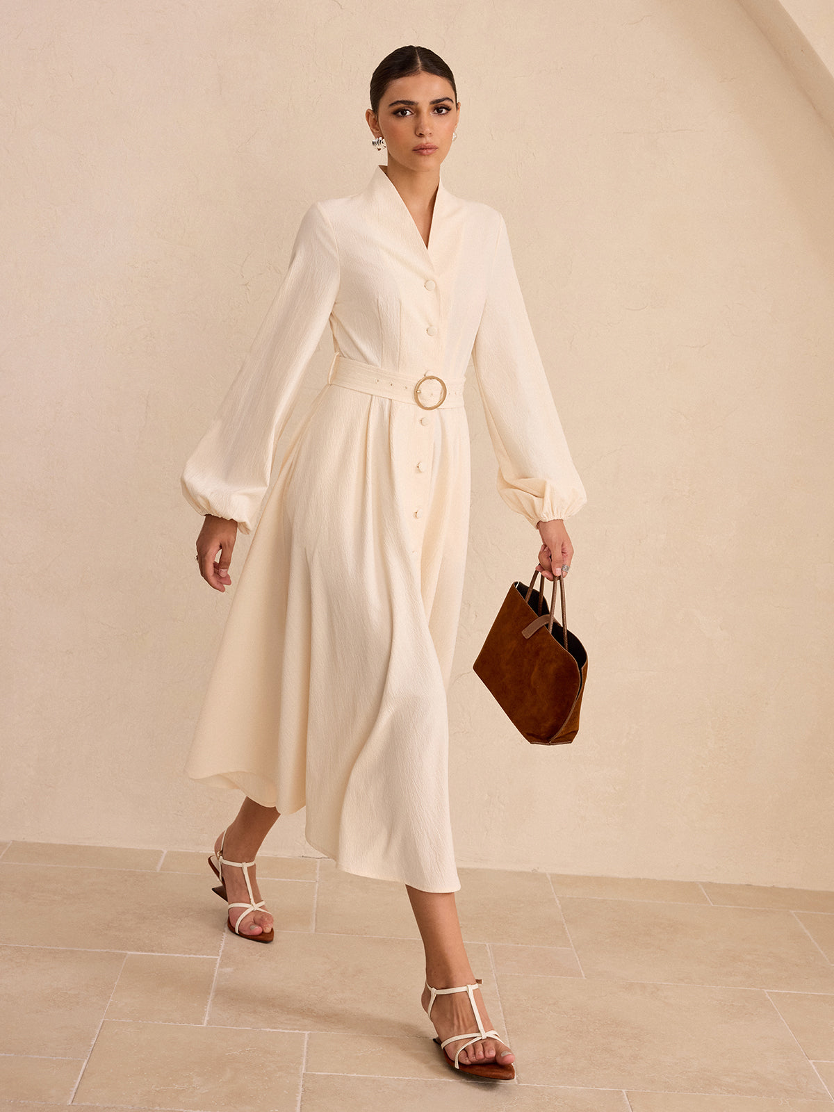 Belted Button-Front Long-Sleeve Midi Dress-Massicos