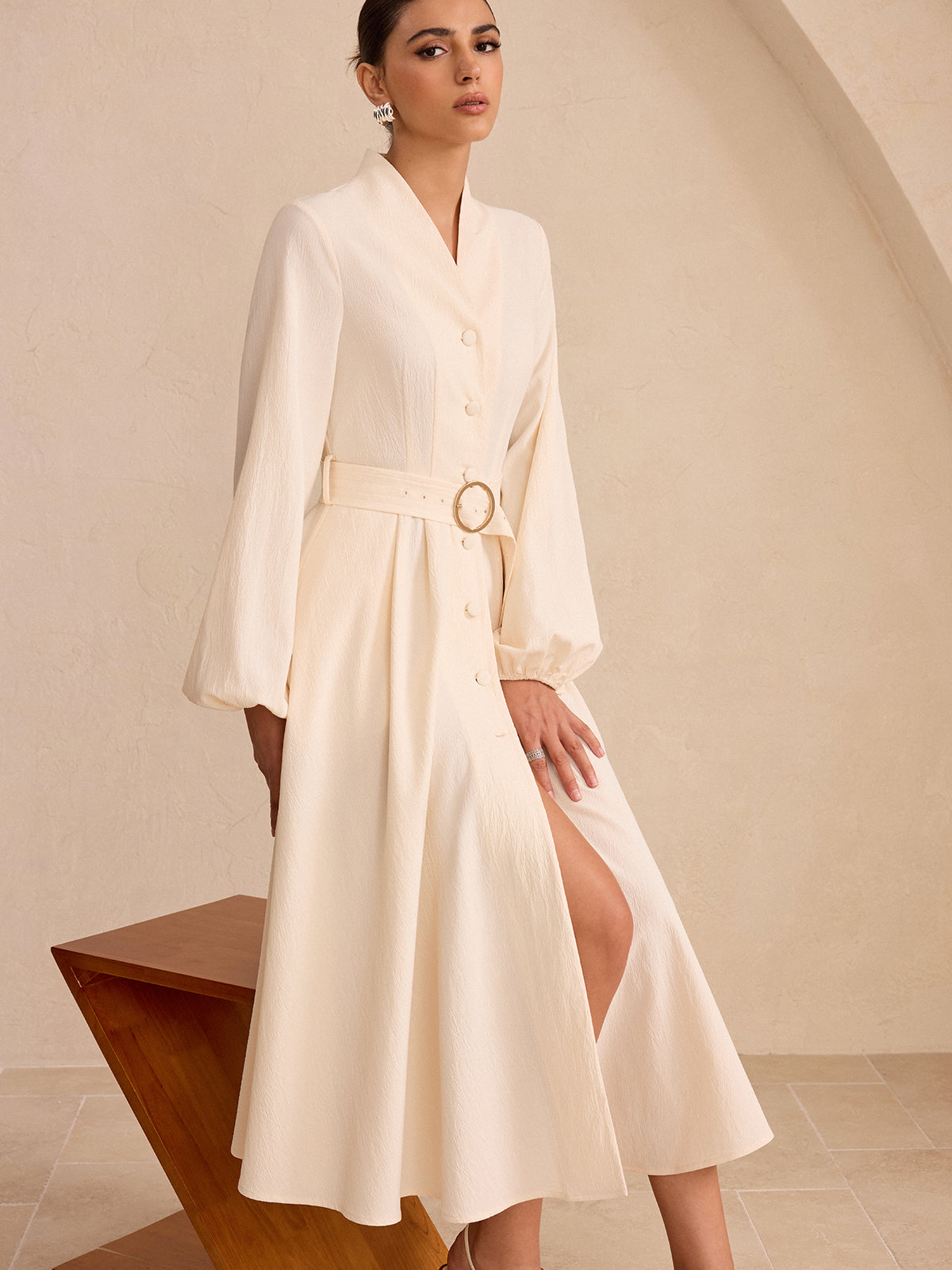 Belted Button-Front Long-Sleeve Midi Dress-Massicos