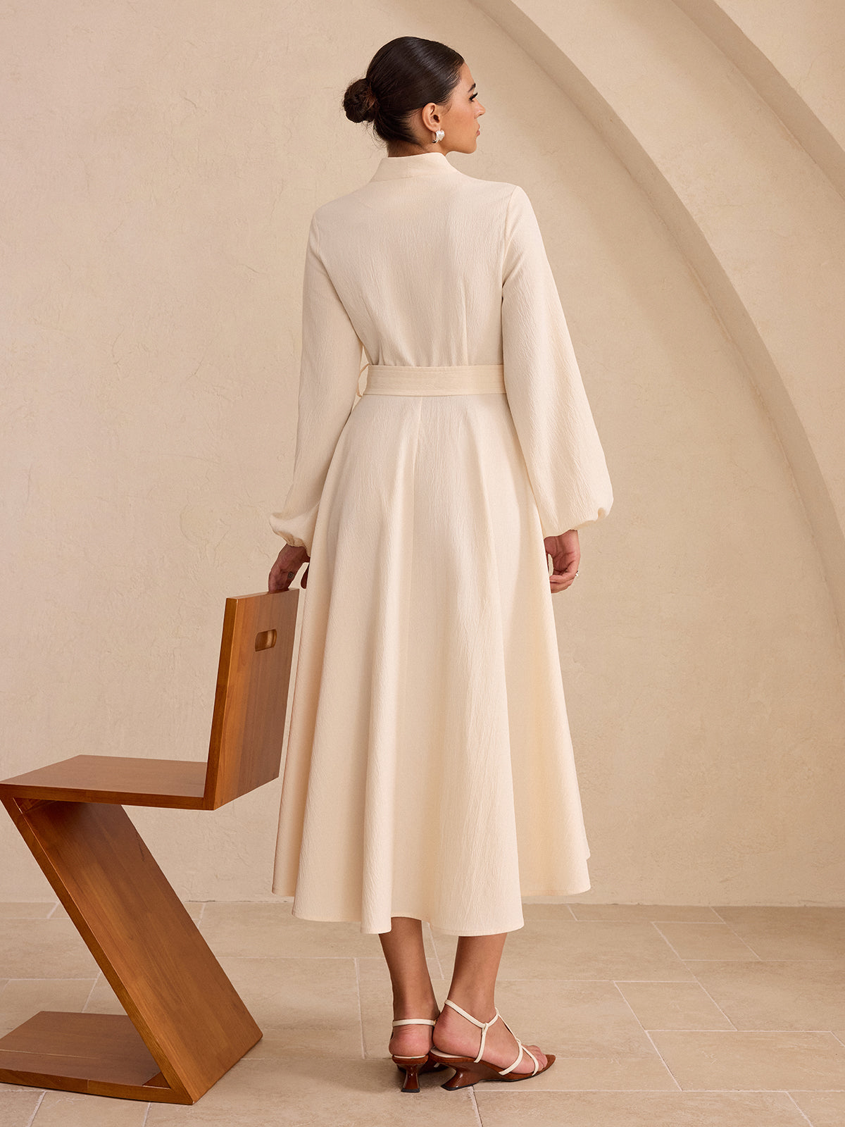Belted Button-Front Long-Sleeve Midi Dress-Massicos