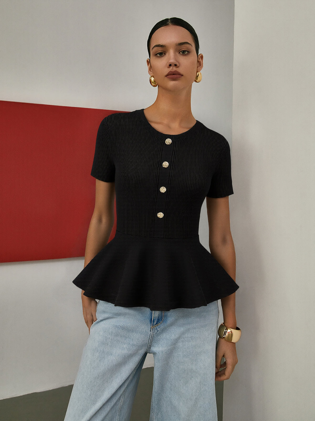 Metal Button Peplum Wool Knit Top-Massicos