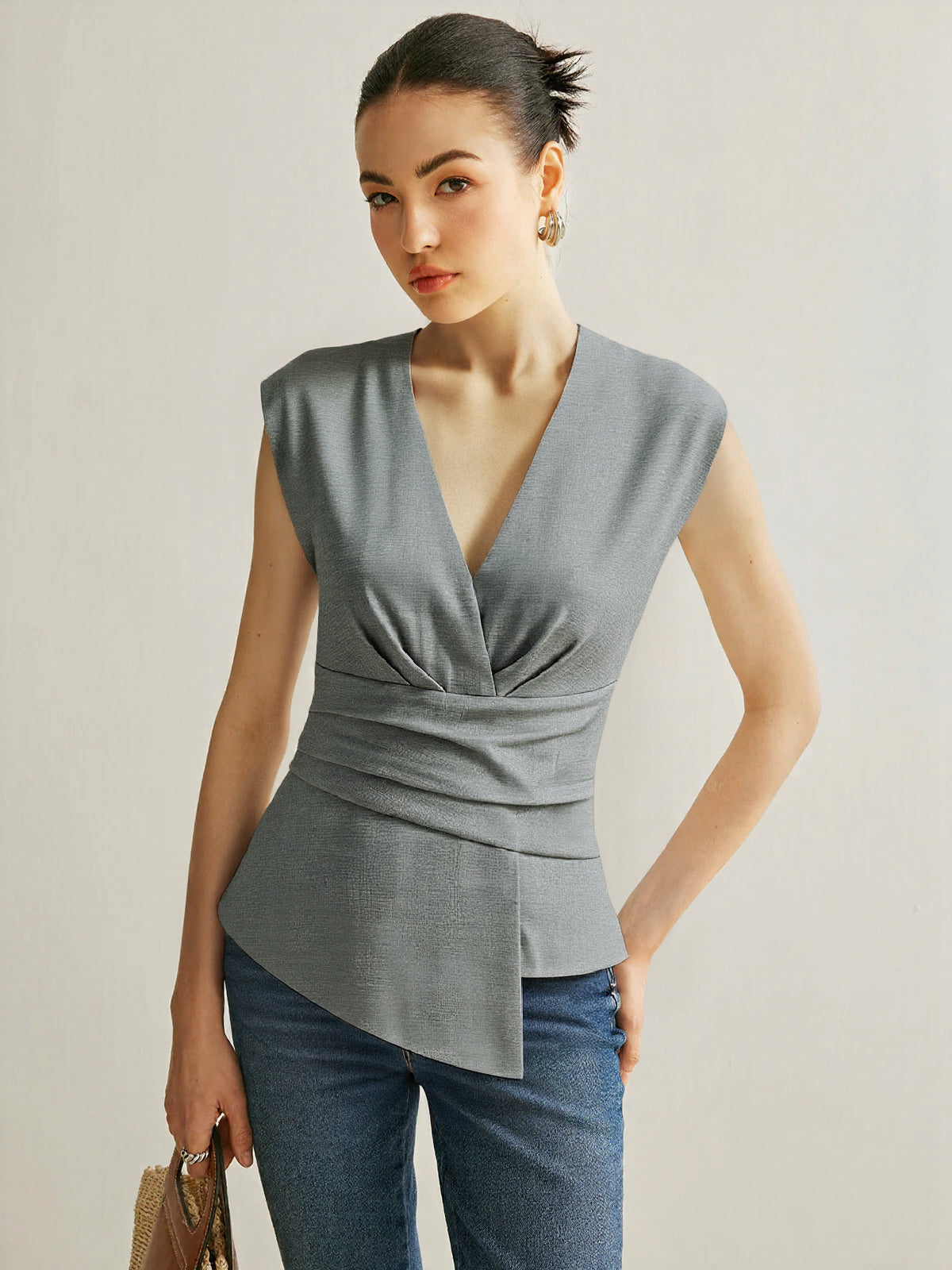 Ruched Waist V-Neck Asymmetric Top-Massicos